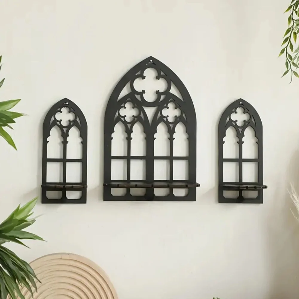 NEW! Set of 3 Wooden Classic Gothic Cathedral Wall Shelves in Black!